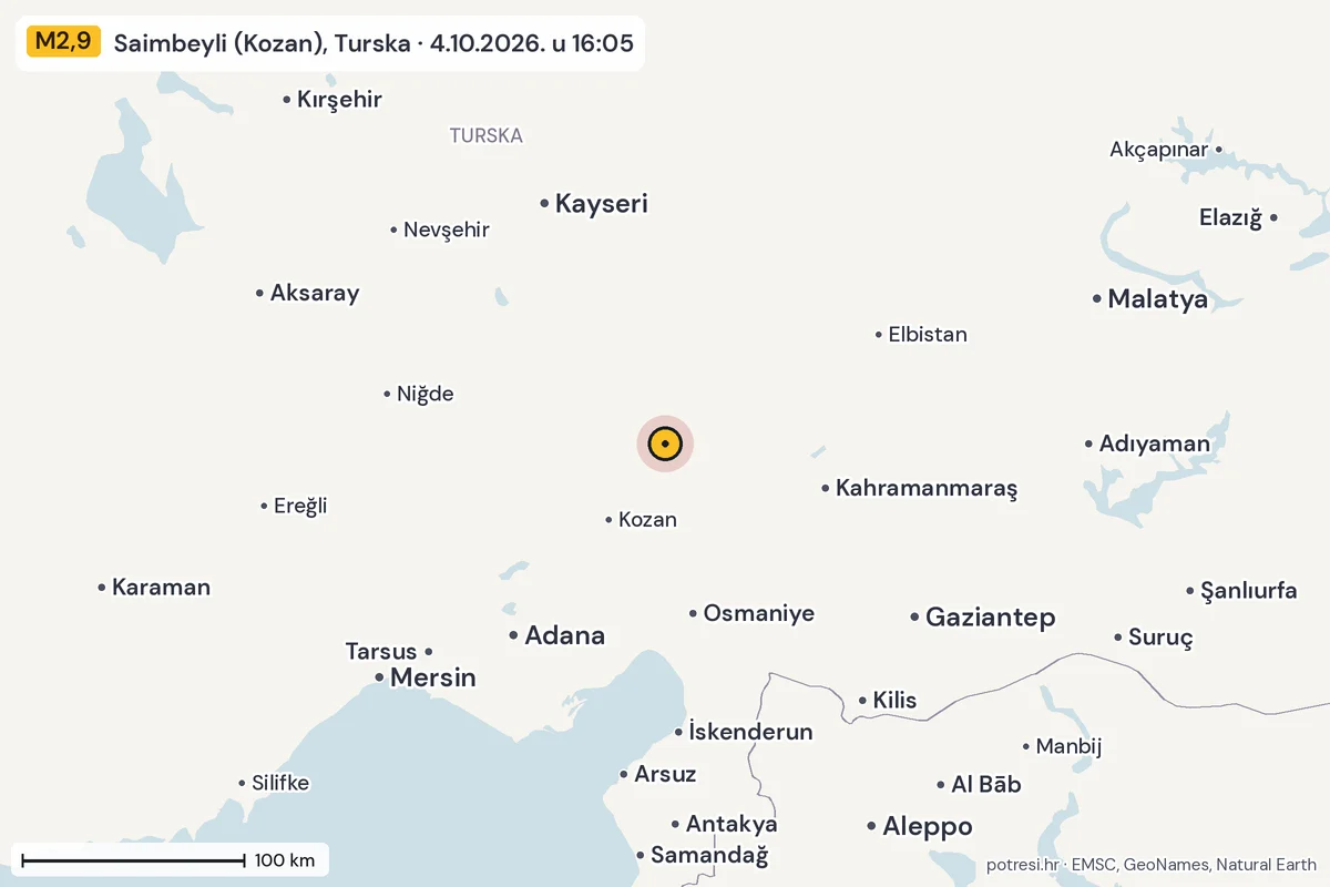 Karta: šire područje, 600 km, potres M2,9, Saimbeyli (Kozan), Turska, 4.10.2026.