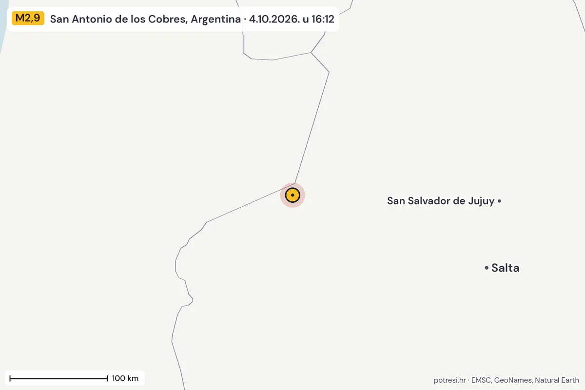 Karta: šire područje, 600 km, potres M2,9, San Antonio de los Cobres, Argentina, 4.10.2026.