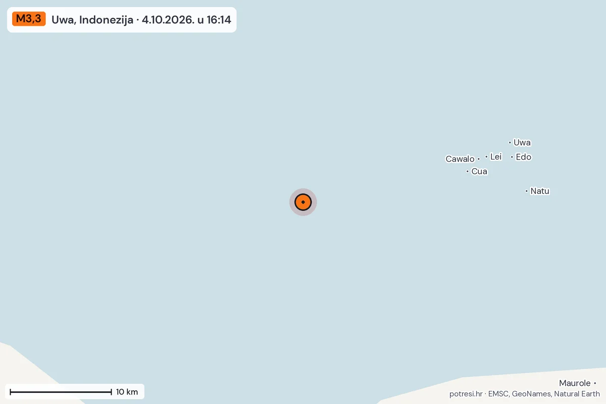 Karta: okolica epicentra, 60 km, potres M3,3, Uwa, Indonezija, 4.10.2026.