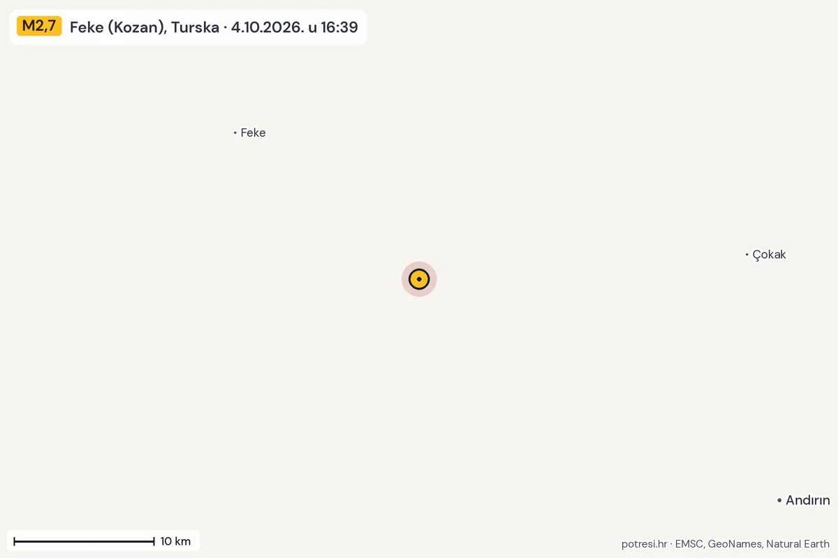 Karta: okolica epicentra, 60 km, potres M2,7, Feke (Kozan), Turska, 4.10.2026.