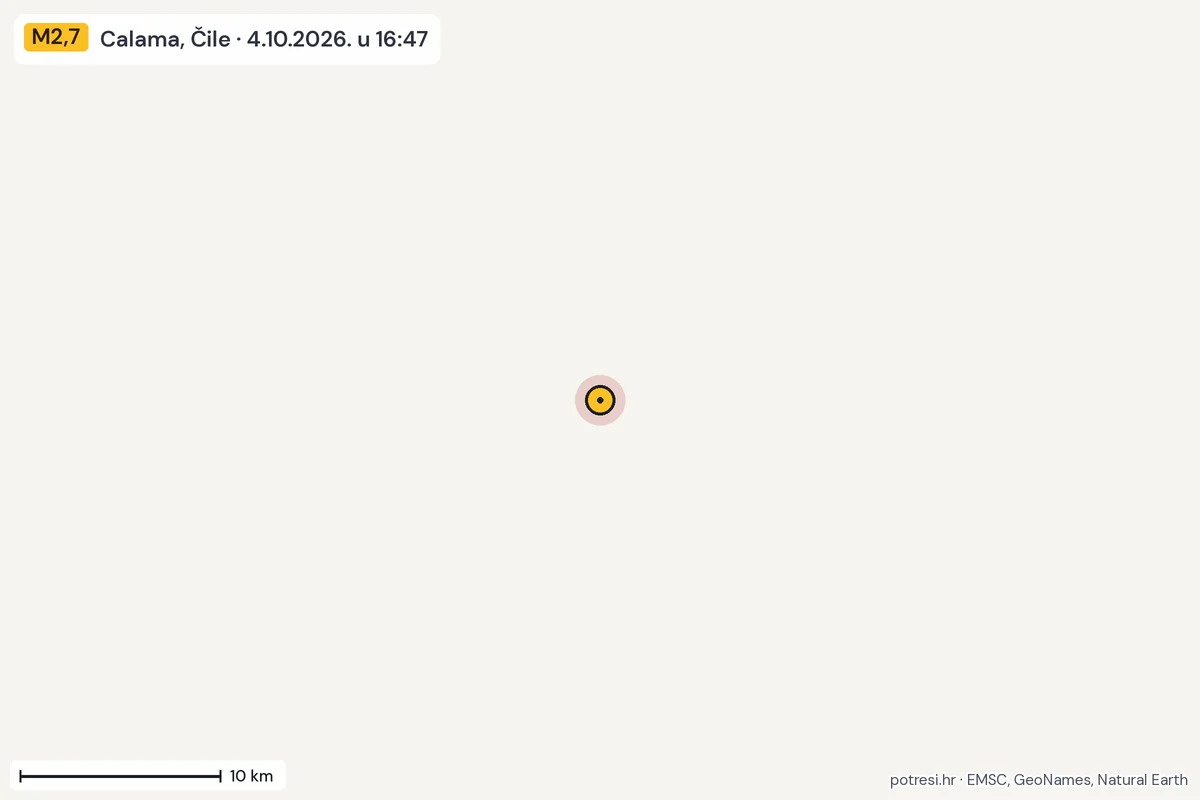 Karta: okolica epicentra, 60 km, potres M2,7, Calama, Čile, 4.10.2026.