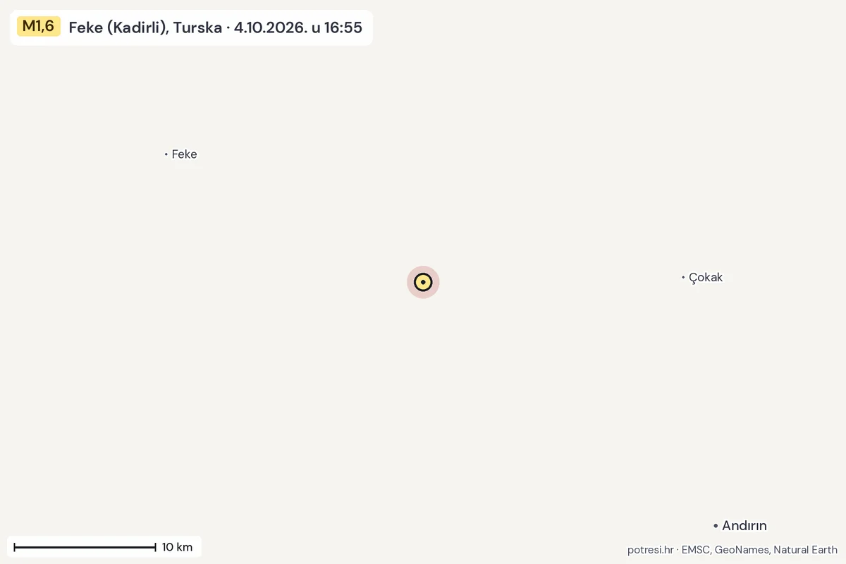 Karta: okolica epicentra, 60 km, potres M1,6, Feke (Kadirli), Turska, 4.10.2026.