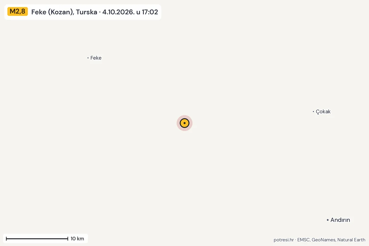 Karta: okolica epicentra, 60 km, potres M2,8, Feke (Kozan), Turska, 4.10.2026.