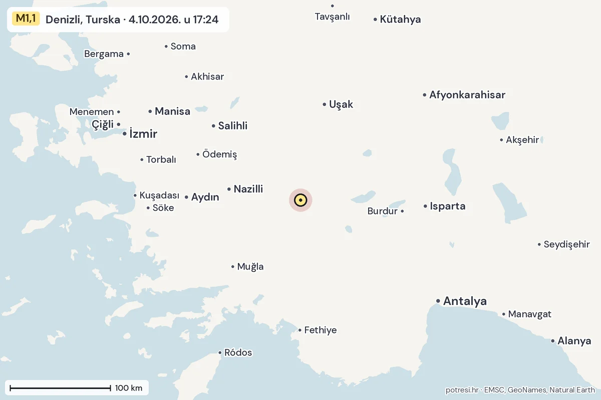 Karta: šire područje, 600 km, potres M1,1, Denizli, Turska, 4.10.2026.
