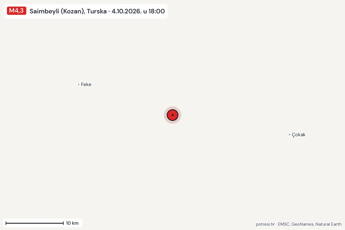 Karta: okolica epicentra, 60 km, potres M4,3, Saimbeyli (Kozan), Turska, 4.10.2026.