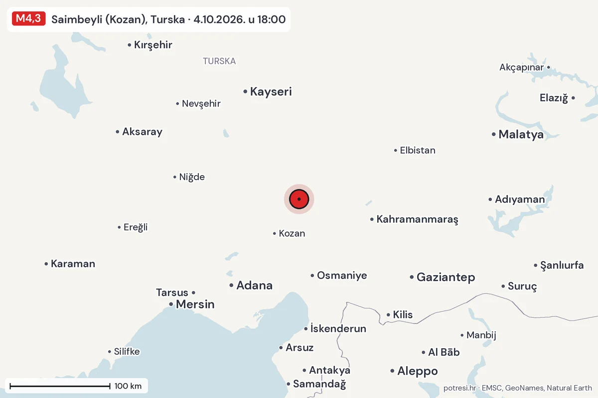 Karta: šire područje, 600 km, potres M4,3, Saimbeyli (Kozan), Turska, 4.10.2026.