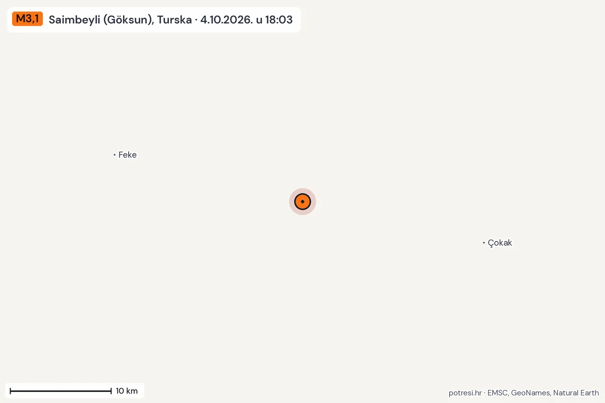 Karta: okolica epicentra, 60 km, potres M3,1, Saimbeyli (Göksun), Turska, 4.10.2026.