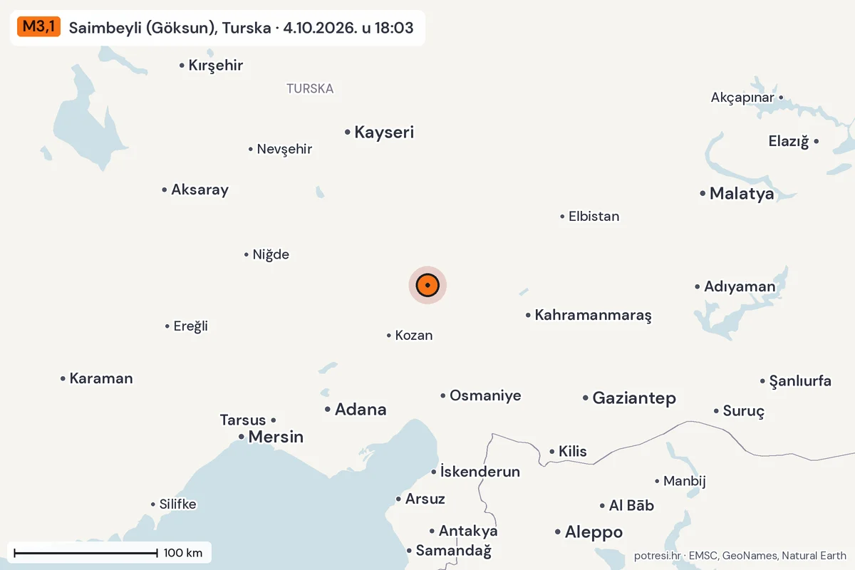 Karta: šire područje, 600 km, potres M3,1, Saimbeyli (Göksun), Turska, 4.10.2026.