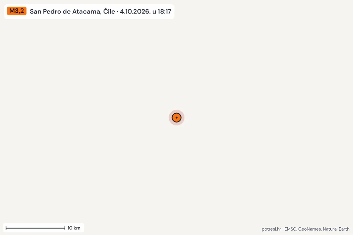 Karta: okolica epicentra, 60 km, potres M3,2, San Pedro de Atacama, Čile, 4.10.2026.