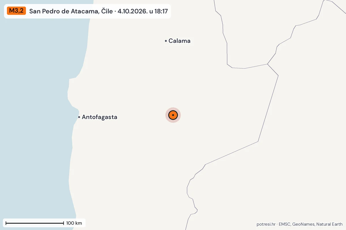 Karta: šire područje, 600 km, potres M3,2, San Pedro de Atacama, Čile, 4.10.2026.