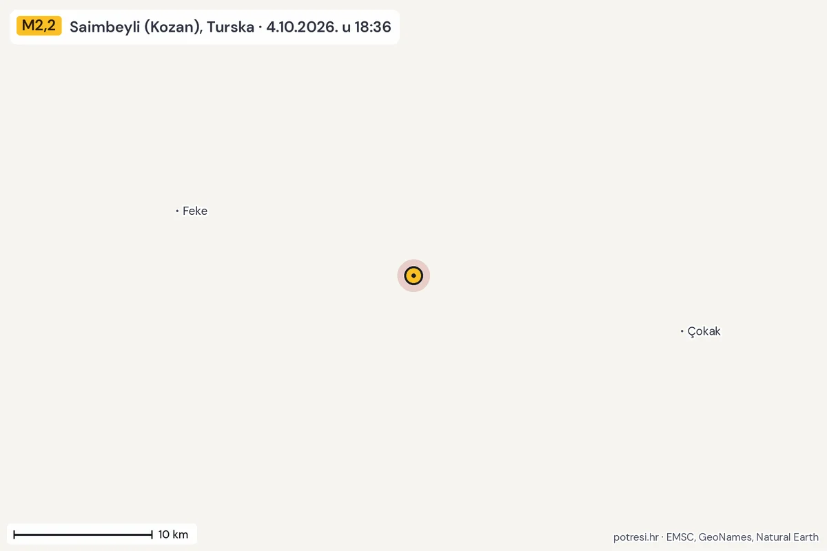 Karta: okolica epicentra, 60 km, potres M2,2, Saimbeyli (Kozan), Turska, 4.10.2026.