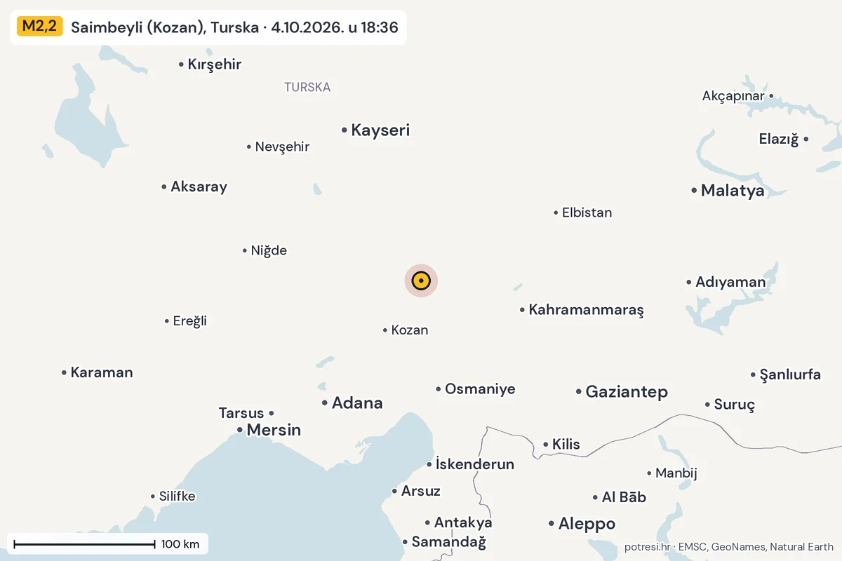 Karta: šire područje, 600 km, potres M2,2, Saimbeyli (Kozan), Turska, 4.10.2026.
