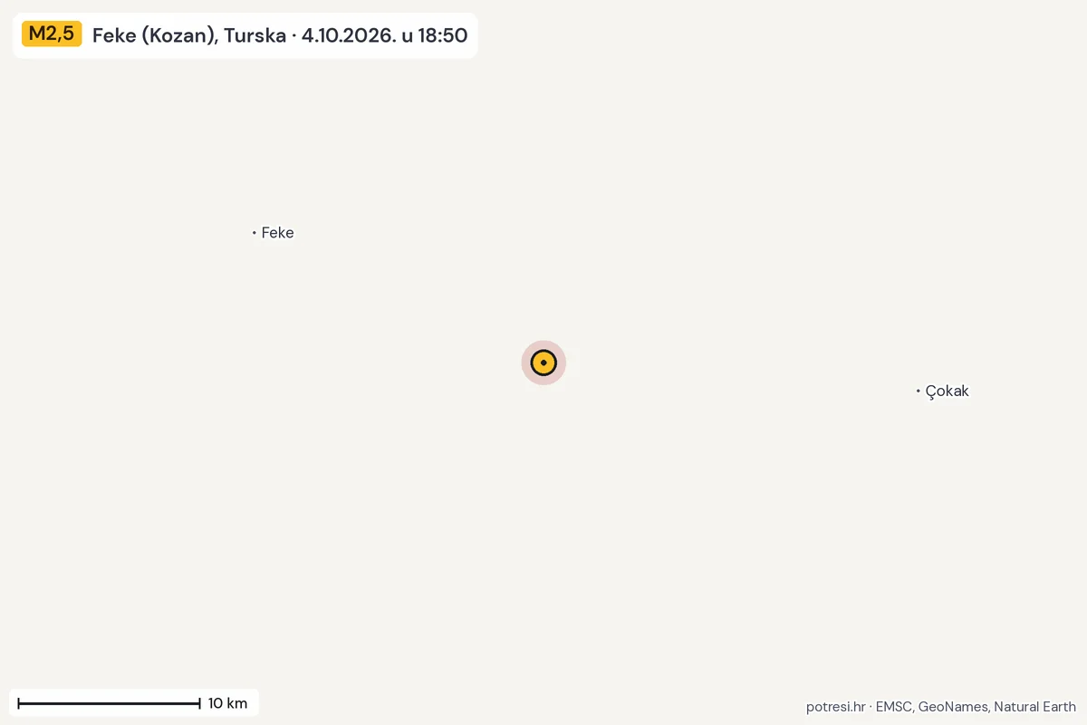 Karta: okolica epicentra, 60 km, potres M2,5, Feke (Kozan), Turska, 4.10.2026.