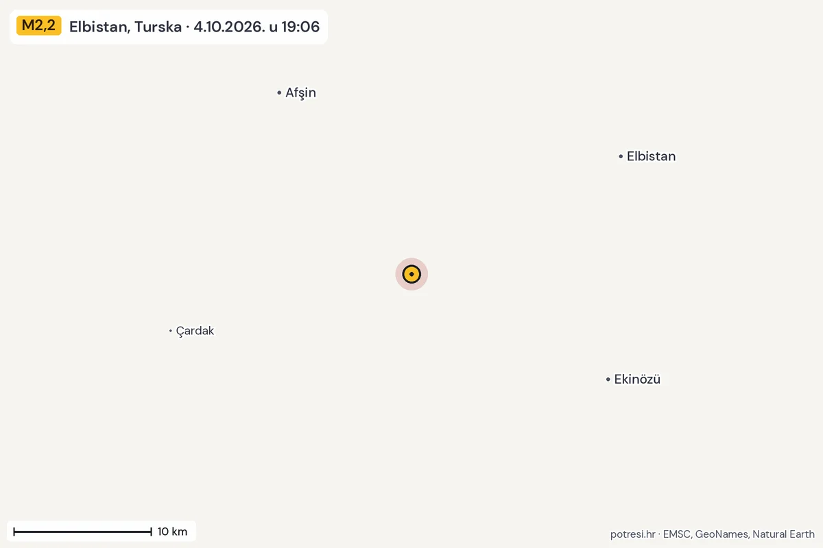 Karta: okolica epicentra, 60 km, potres M2,2, Elbistan, Turska, 4.10.2026.
