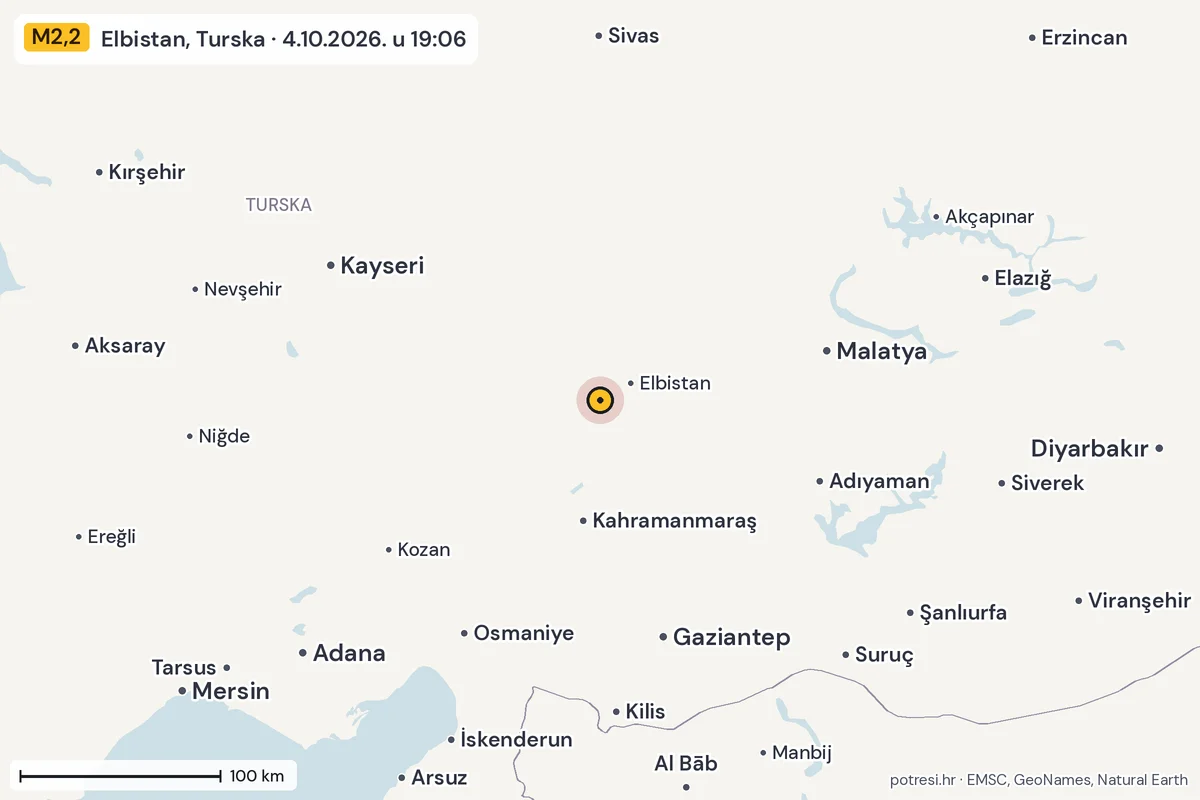 Karta: šire područje, 600 km, potres M2,2, Elbistan, Turska, 4.10.2026.