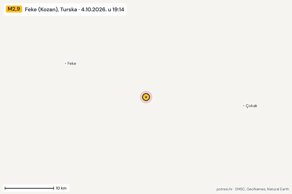 Karta: okolica epicentra, 60 km, potres M2,9, Feke (Kozan), Turska, 4.10.2026.