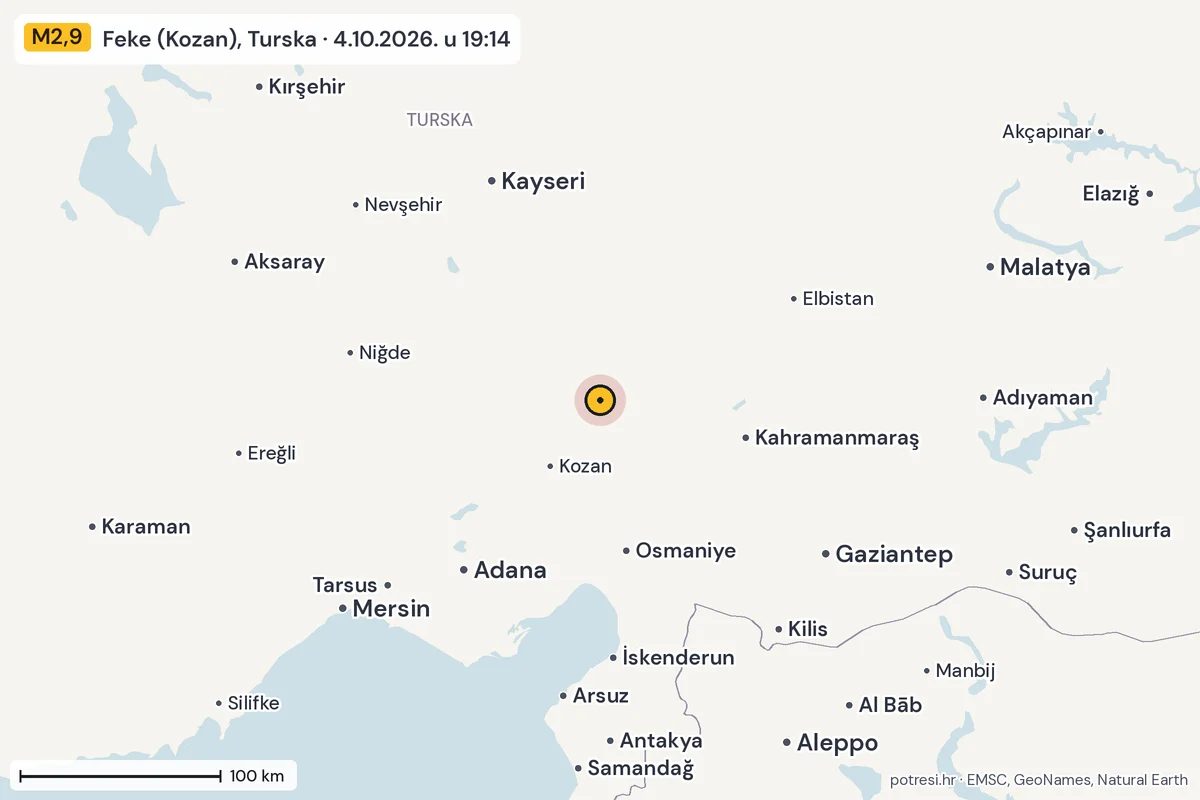 Karta: šire područje, 600 km, potres M2,9, Feke (Kozan), Turska, 4.10.2026.