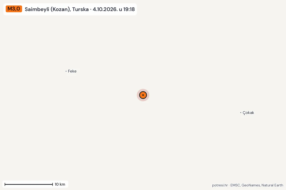 Karta: okolica epicentra, 60 km, potres M3,0, Saimbeyli (Kozan), Turska, 4.10.2026.