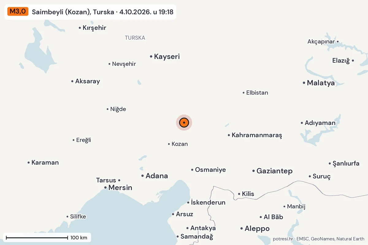 Karta: šire područje, 600 km, potres M3,0, Saimbeyli (Kozan), Turska, 4.10.2026.