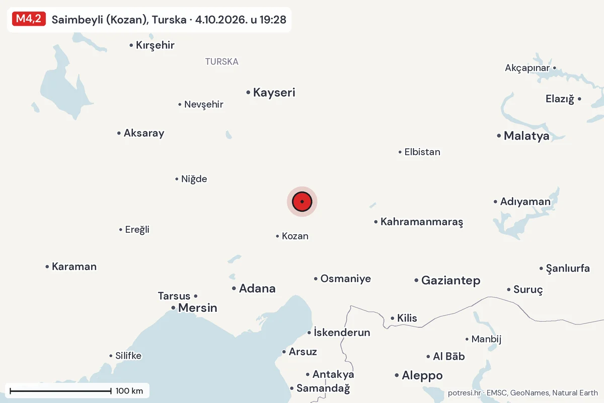 Karta: šire područje, 600 km, potres M4,2, Saimbeyli (Kozan), Turska, 4.10.2026.