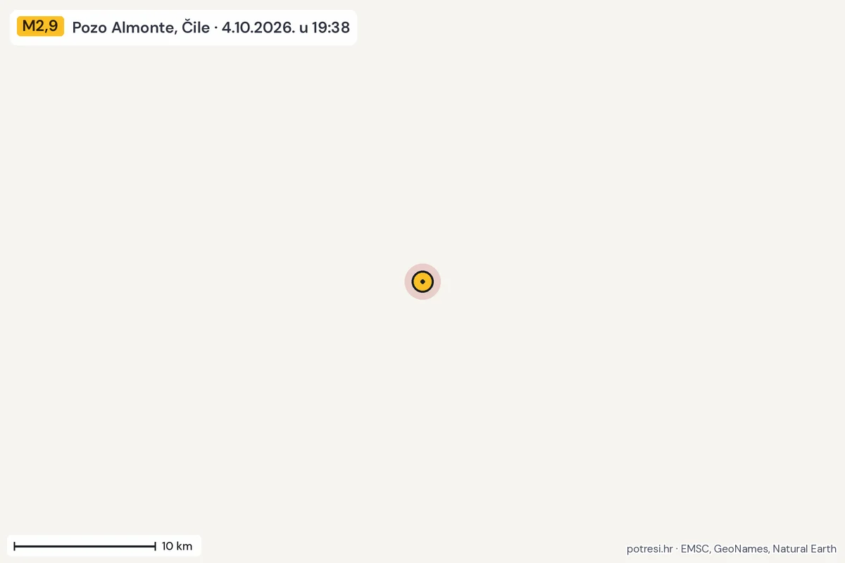 Karta: okolica epicentra, 60 km, potres M2,9, Pozo Almonte, Čile, 4.10.2026.