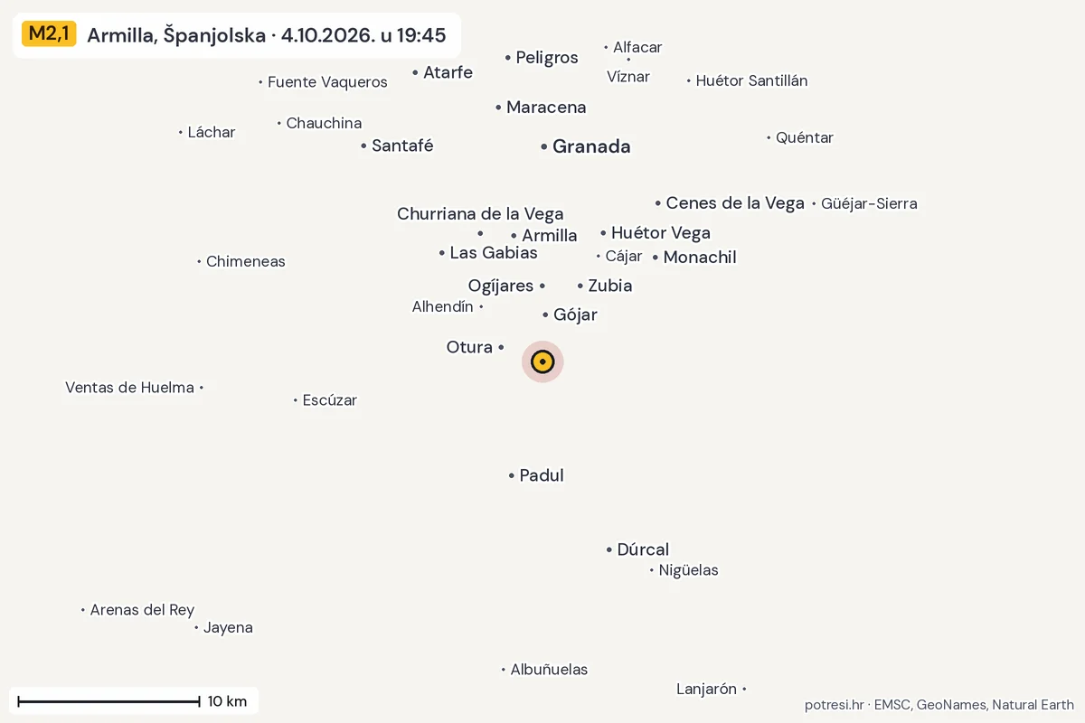 Karta: okolica epicentra, 60 km, potres M2,1, Armilla, Španjolska, 4.10.2026.