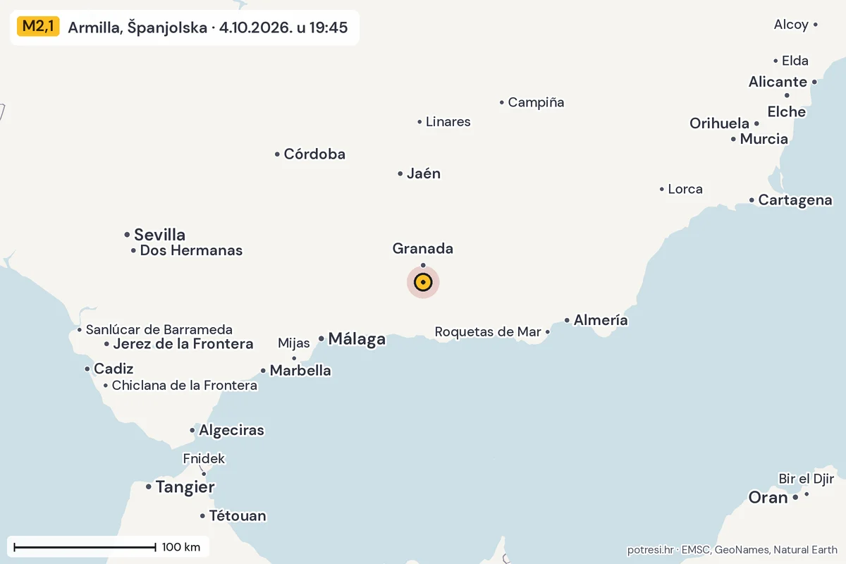 Karta: šire područje, 600 km, potres M2,1, Armilla, Španjolska, 4.10.2026.