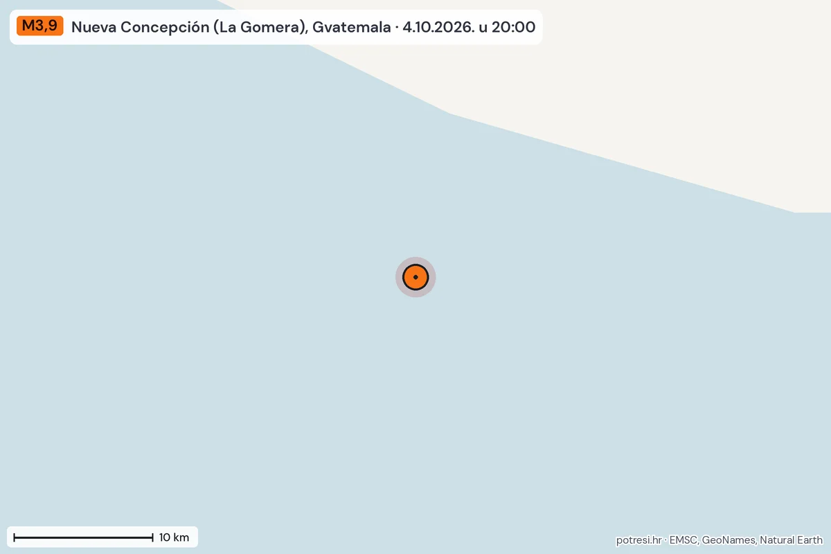 Karta: okolica epicentra, 60 km, potres M3,9, Nueva Concepción (La Gomera), Gvatemala, 4.10.2026.