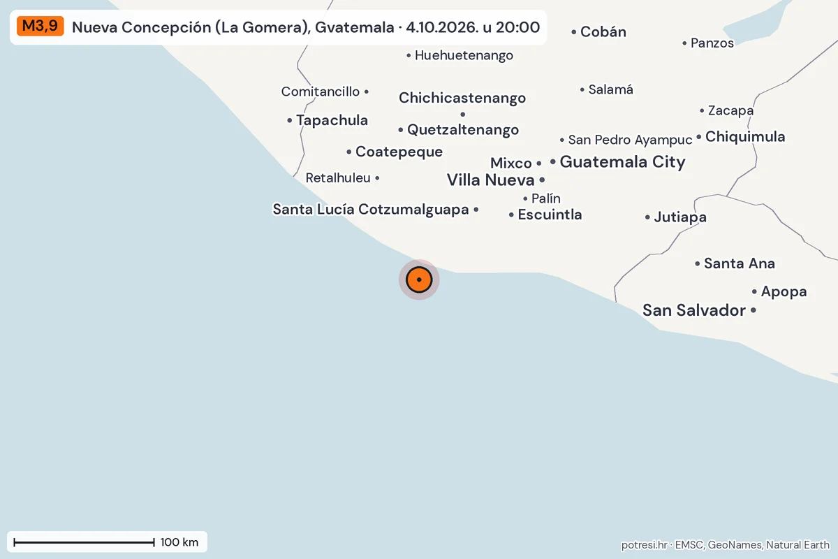 Karta: šire područje, 600 km, potres M3,9, Nueva Concepción (La Gomera), Gvatemala, 4.10.2026.