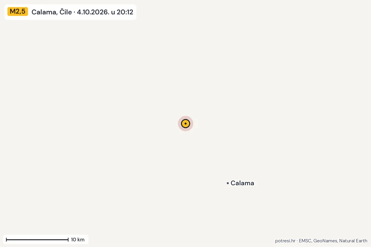 Karta: okolica epicentra, 60 km, potres M2,5, Calama, Čile, 4.10.2026.