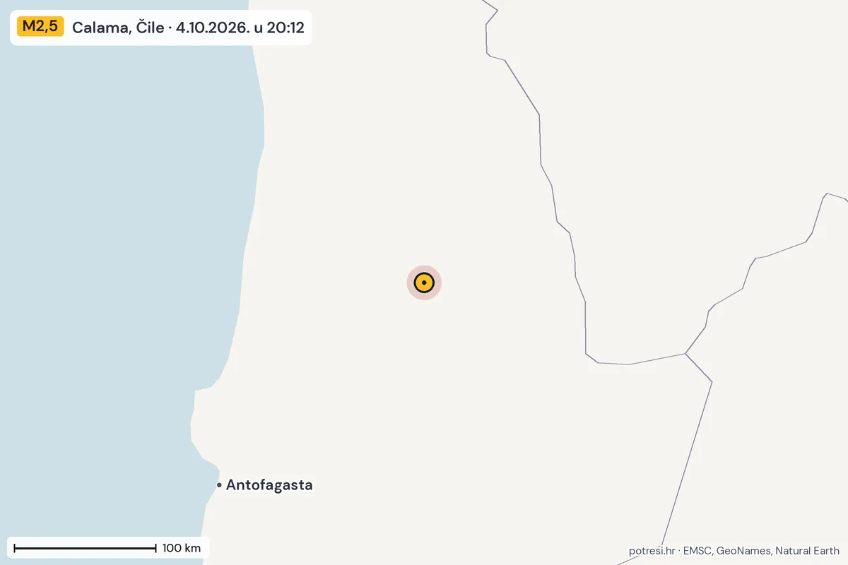 Karta: šire područje, 600 km, potres M2,5, Calama, Čile, 4.10.2026.