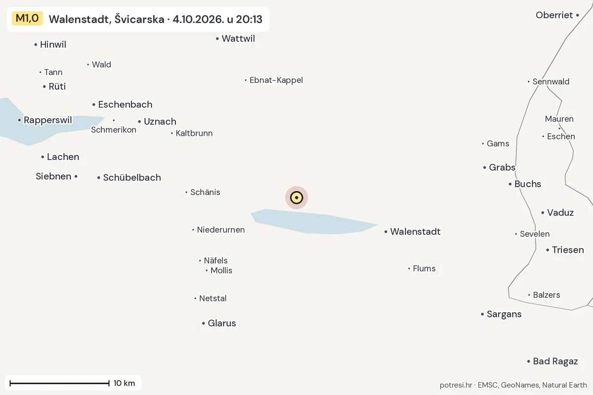 Karta: okolica epicentra, 60 km, potres M1,0, Walenstadt, Švicarska, 4.10.2026.