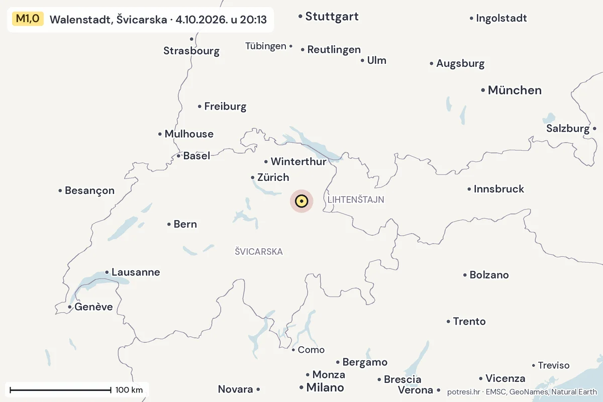 Karta: šire područje, 600 km, potres M1,0, Walenstadt, Švicarska, 4.10.2026.