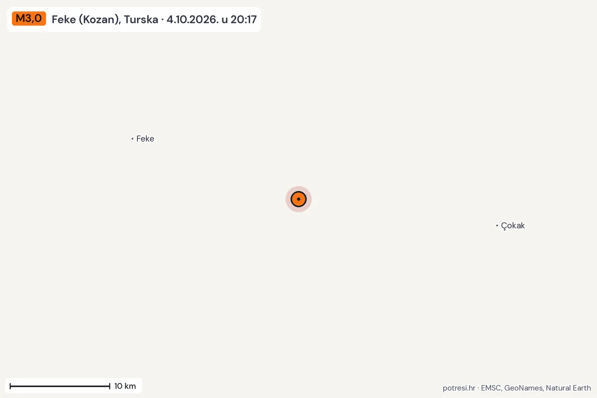 Karta: okolica epicentra, 60 km, potres M3,0, Feke (Kozan), Turska, 4.10.2026.
