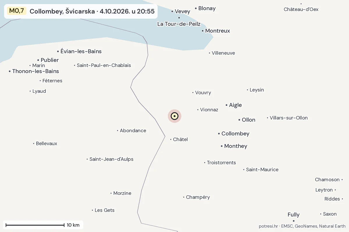 Karta: okolica epicentra, 60 km, potres M0,7, Collombey, Švicarska, 4.10.2026.
