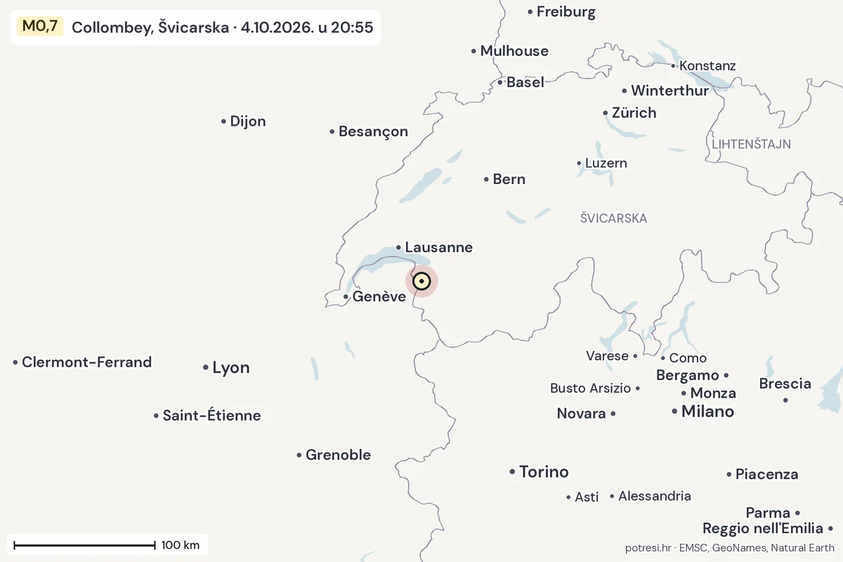 Karta: šire područje, 600 km, potres M0,7, Collombey, Švicarska, 4.10.2026.