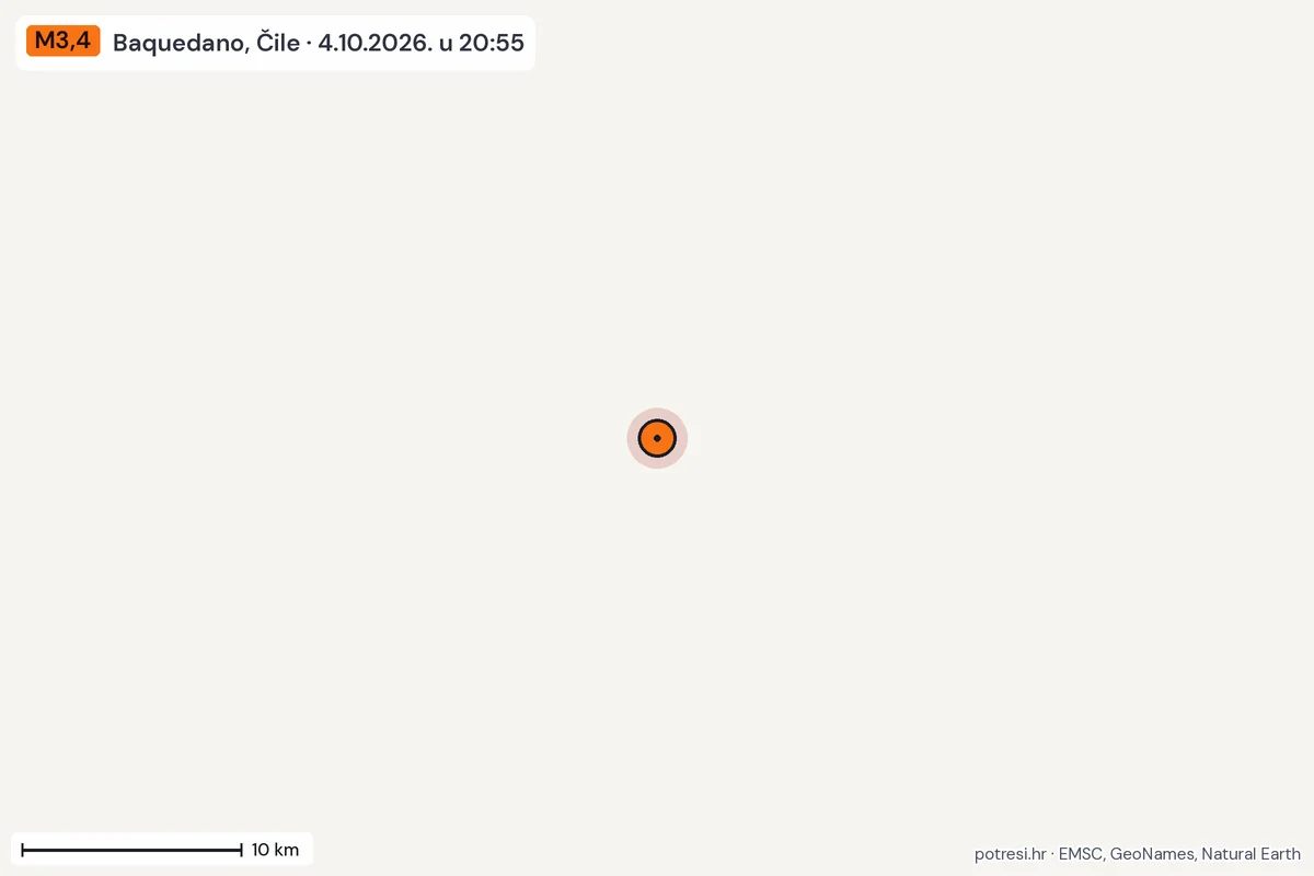 Karta: okolica epicentra, 60 km, potres M3,4, Baquedano, Čile, 4.10.2026.