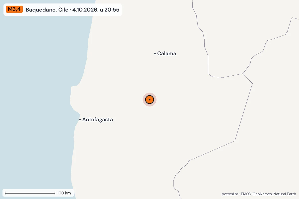 Karta: šire područje, 600 km, potres M3,4, Baquedano, Čile, 4.10.2026.