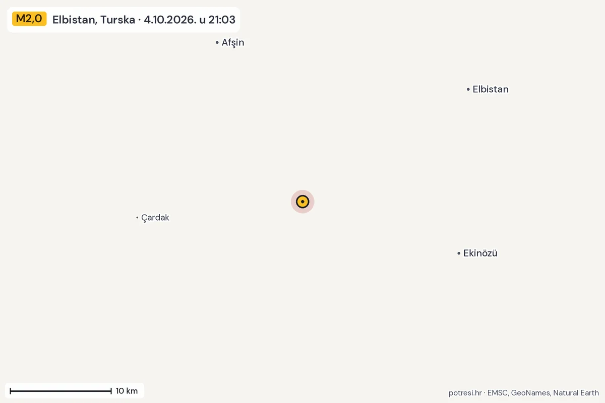 Karta: okolica epicentra, 60 km, potres M2,0, Elbistan, Turska, 4.10.2026.