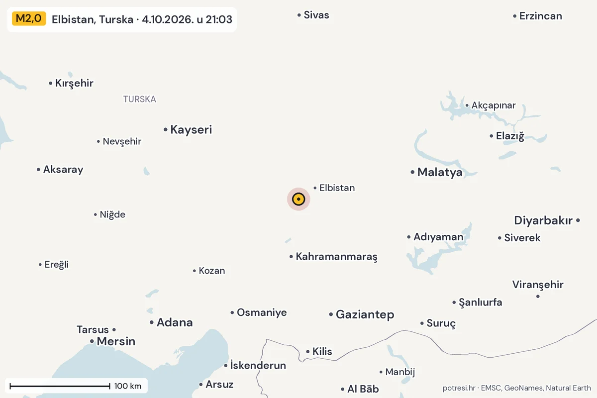 Karta: šire područje, 600 km, potres M2,0, Elbistan, Turska, 4.10.2026.