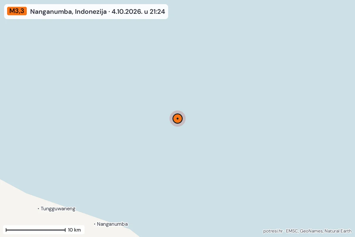 Karta: okolica epicentra, 60 km, potres M3,3, Nanganumba, Indonezija, 4.10.2026.