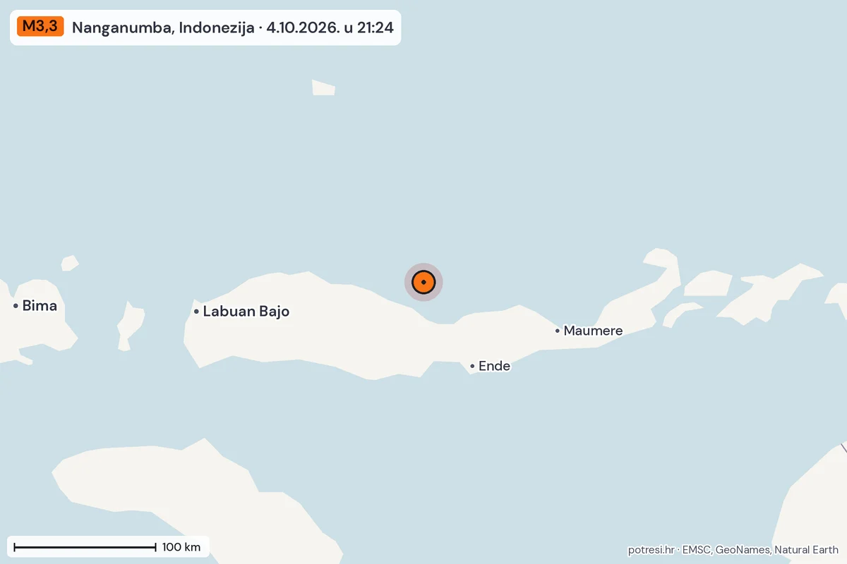 Karta: šire područje, 600 km, potres M3,3, Nanganumba, Indonezija, 4.10.2026.