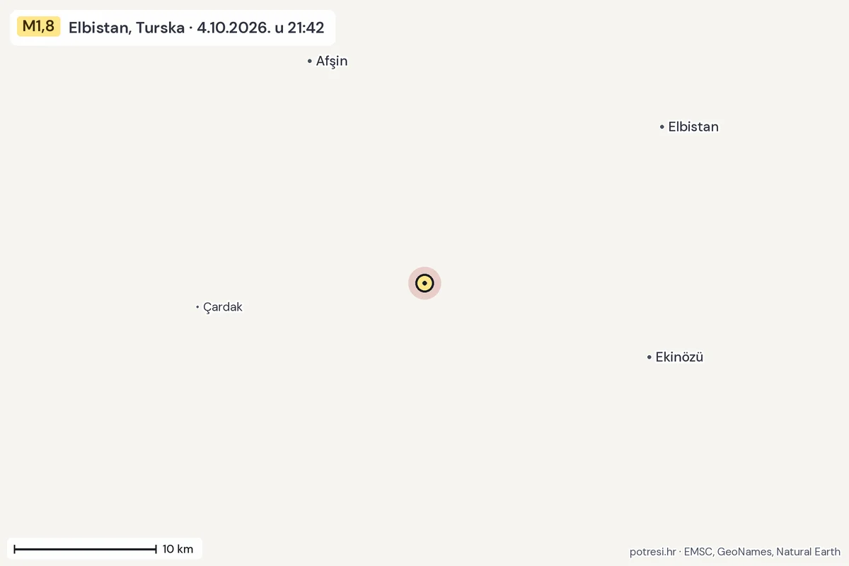 Karta: okolica epicentra, 60 km, potres M1,8, Elbistan, Turska, 4.10.2026.