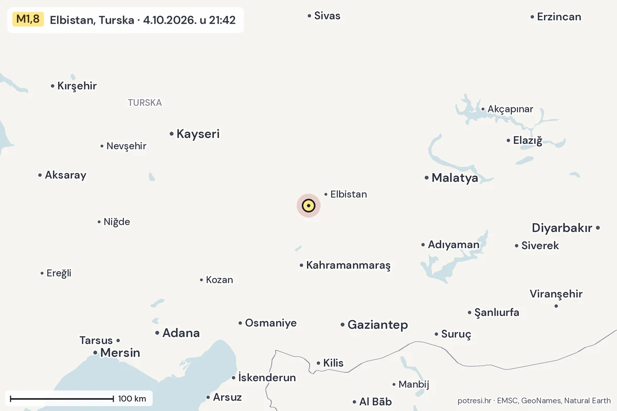 Karta: šire područje, 600 km, potres M1,8, Elbistan, Turska, 4.10.2026.