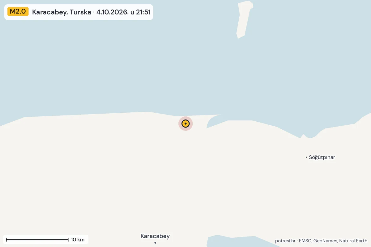Karta: okolica epicentra, 60 km, potres M2,0, Karacabey, Turska, 4.10.2026.
