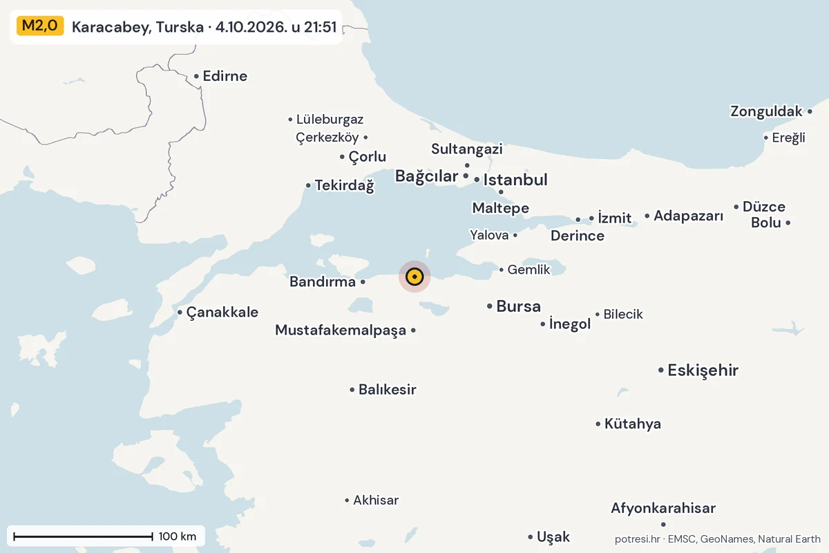 Karta: šire područje, 600 km, potres M2,0, Karacabey, Turska, 4.10.2026.