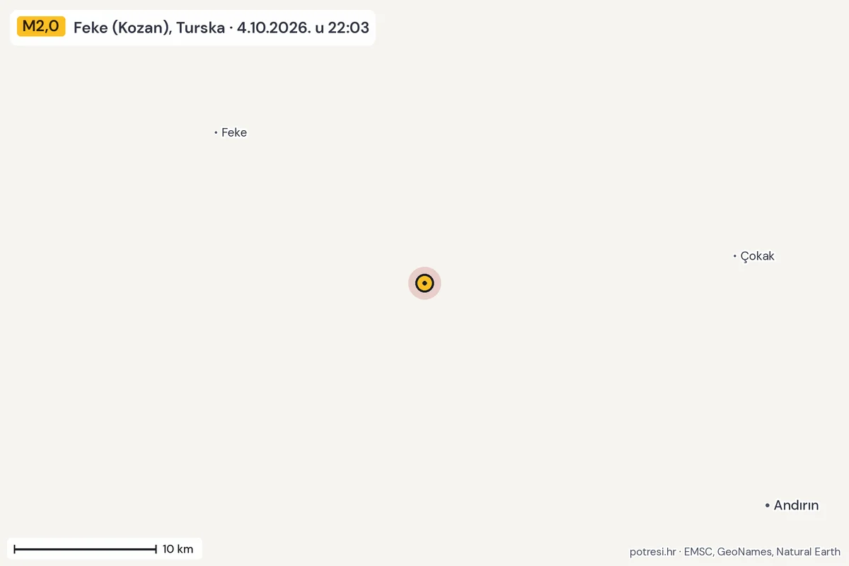 Karta: okolica epicentra, 60 km, potres M2,0, Feke (Kozan), Turska, 4.10.2026.