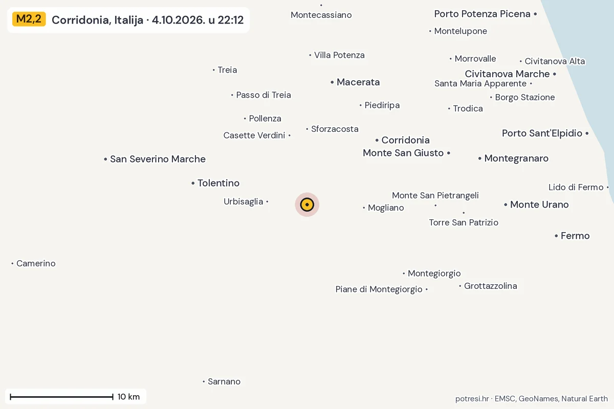Karta: okolica epicentra, 60 km, potres M2,2, Corridonia, Italija, 4.10.2026.