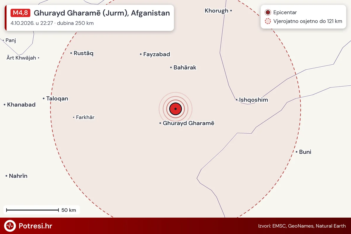 Karta: šire područje i vjerojatni doseg osjeta, potres M4,8, Ghurayd Gharamē (Jurm), Afganistan, 4.10.2026.