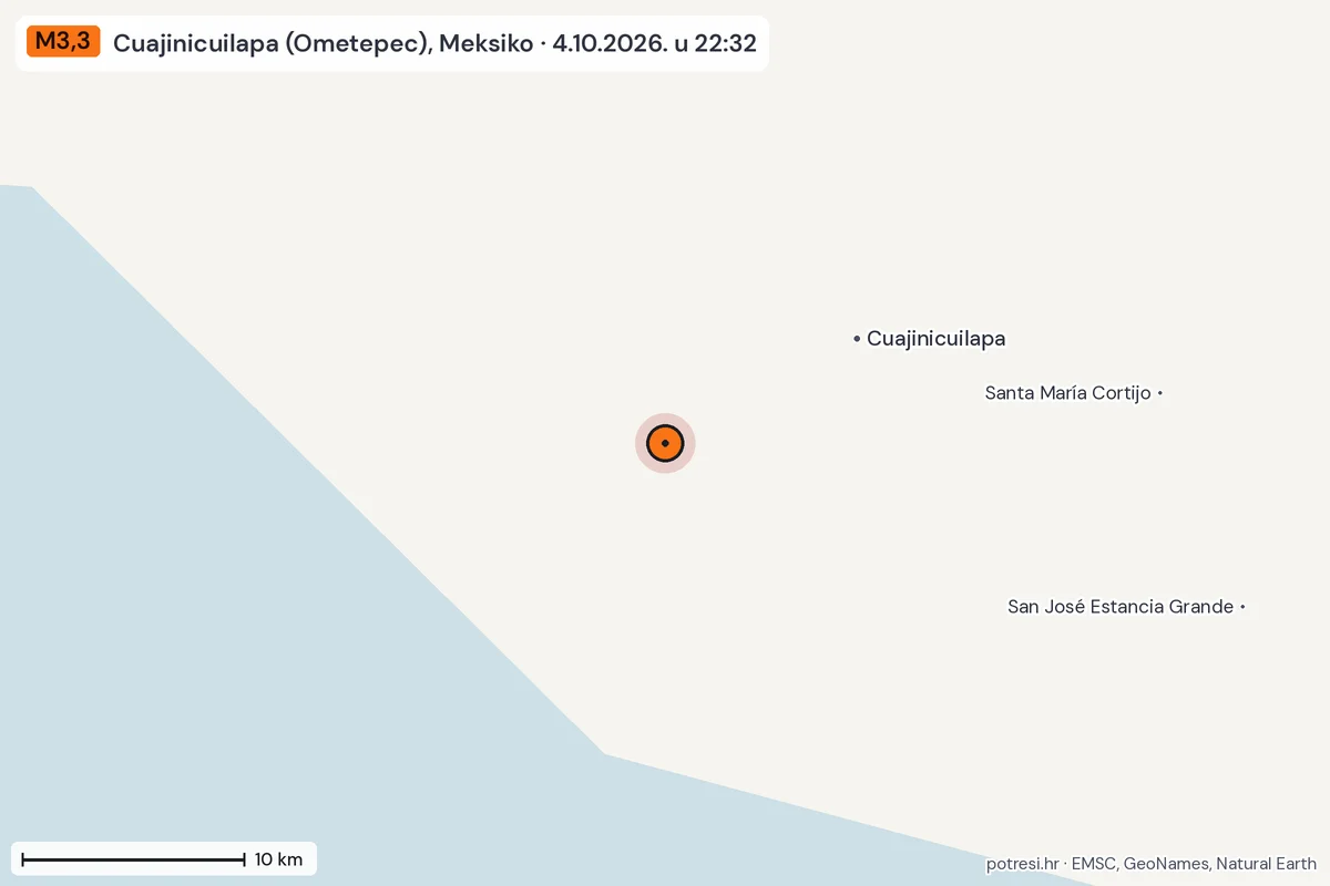 Karta: okolica epicentra, 60 km, potres M3,3, Cuajinicuilapa (Ometepec), Meksiko, 4.10.2026.